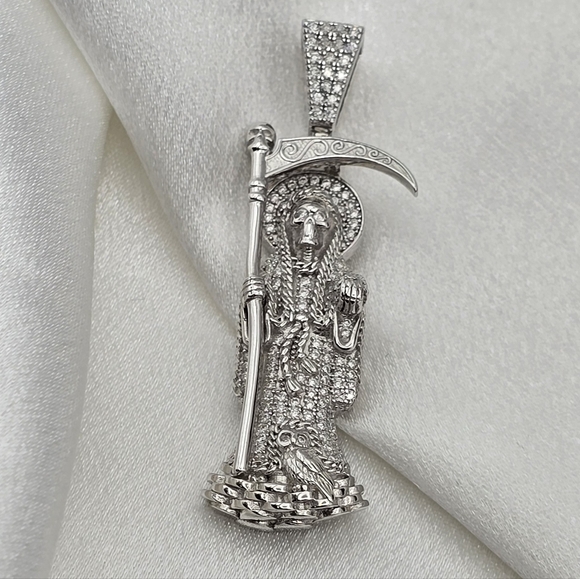 Rhodium Over Sterling Silver 925 Moissanite Santa Muerte Pendant